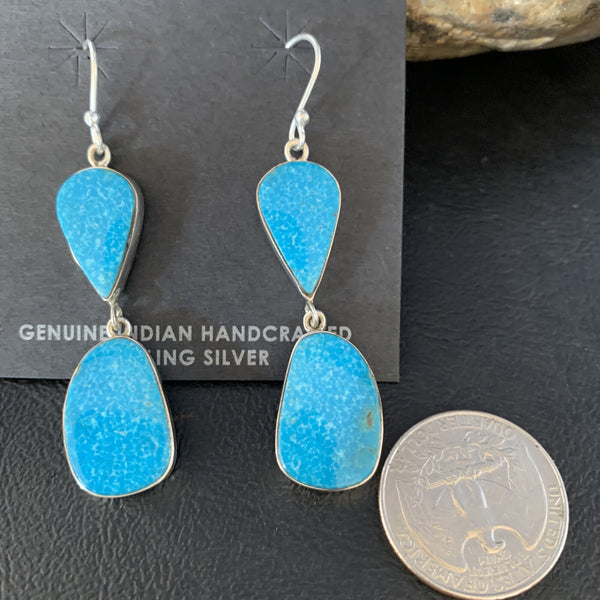 Kingman Turquoise Navajo Dangle Earrings 1.5" | Sterling Silver | Authentic Native American Handmade | 14014