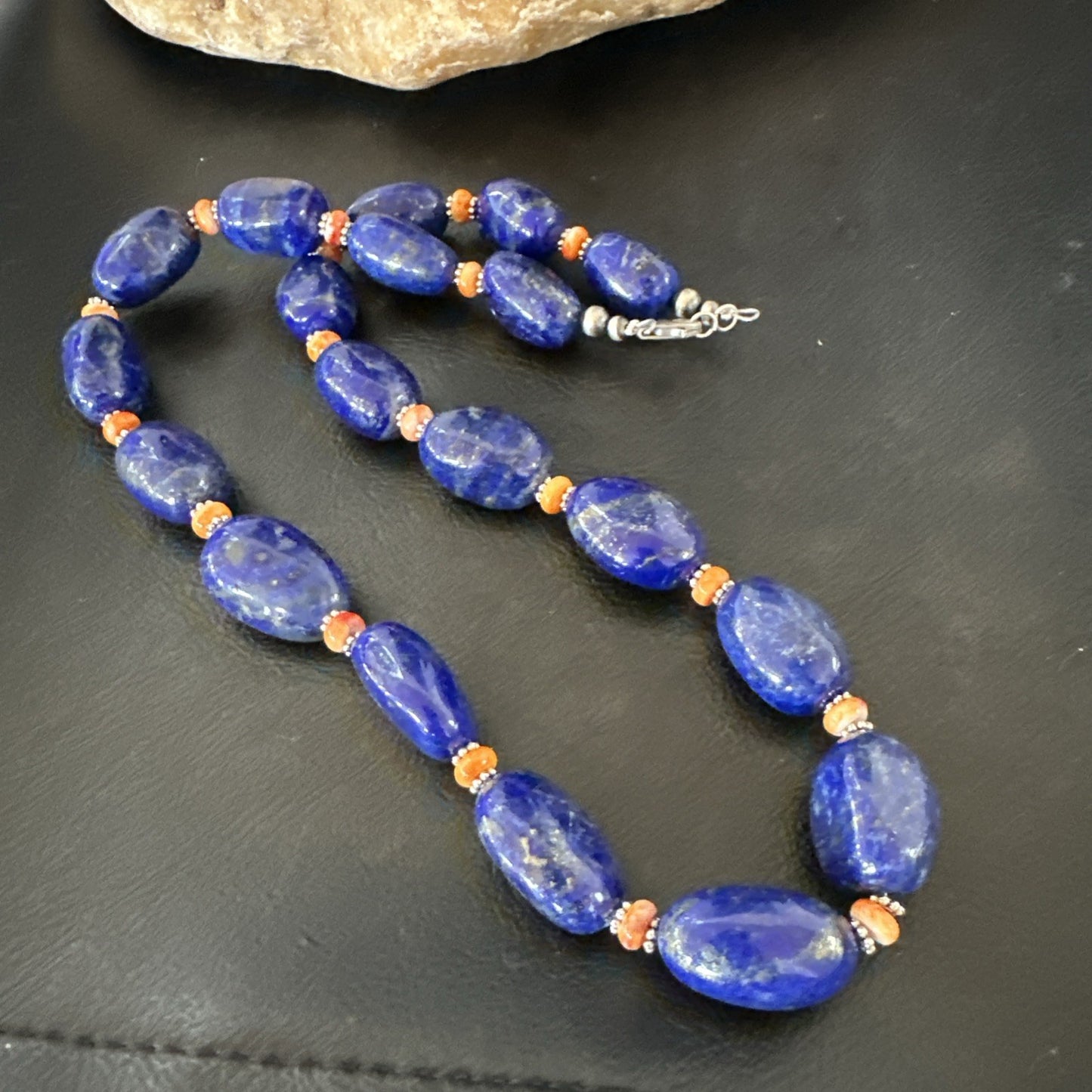 Blue Lapis Orange Spiny Chunky Southwestern Sterling Silver Necklace 20” 19258