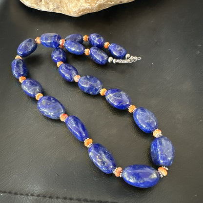 Blue Lapis Orange Spiny Chunky Southwestern Sterling Silver Necklace 20” 19258