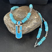 Blue Turquoise Inlay Pendant Navajo Necklace 20" | Sterling Silver | Authentic Native American Handmade | 19712