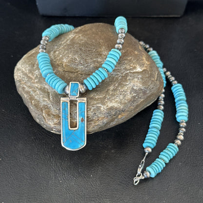 Blue Turquoise Inlay Pendant Navajo Sterling Silver Necklace 20" 19712