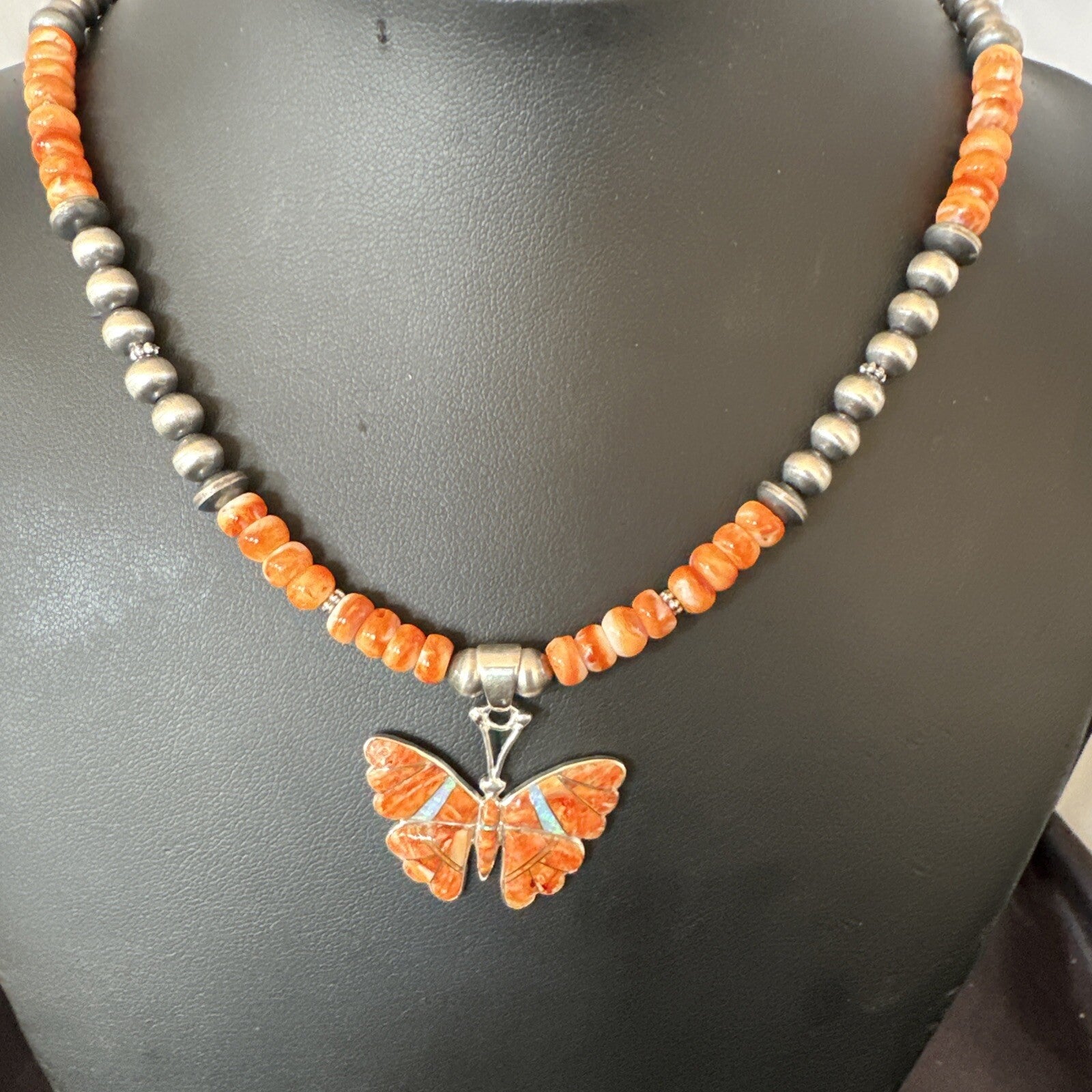 Butterfly Orange Spiny Oyster Opal Inlay Sterling Silver  Necklace Pendant 18676