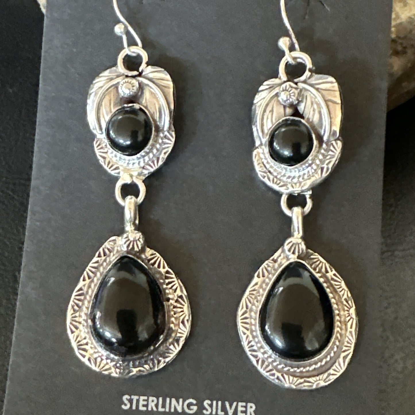 Black Onyx Navajo Sterling Silver Dangle Earrings 1.5" 18289