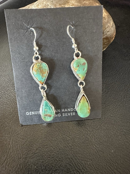 Green Royston Turquoise Navajo Sterling Silver Dangle Earrings 19369