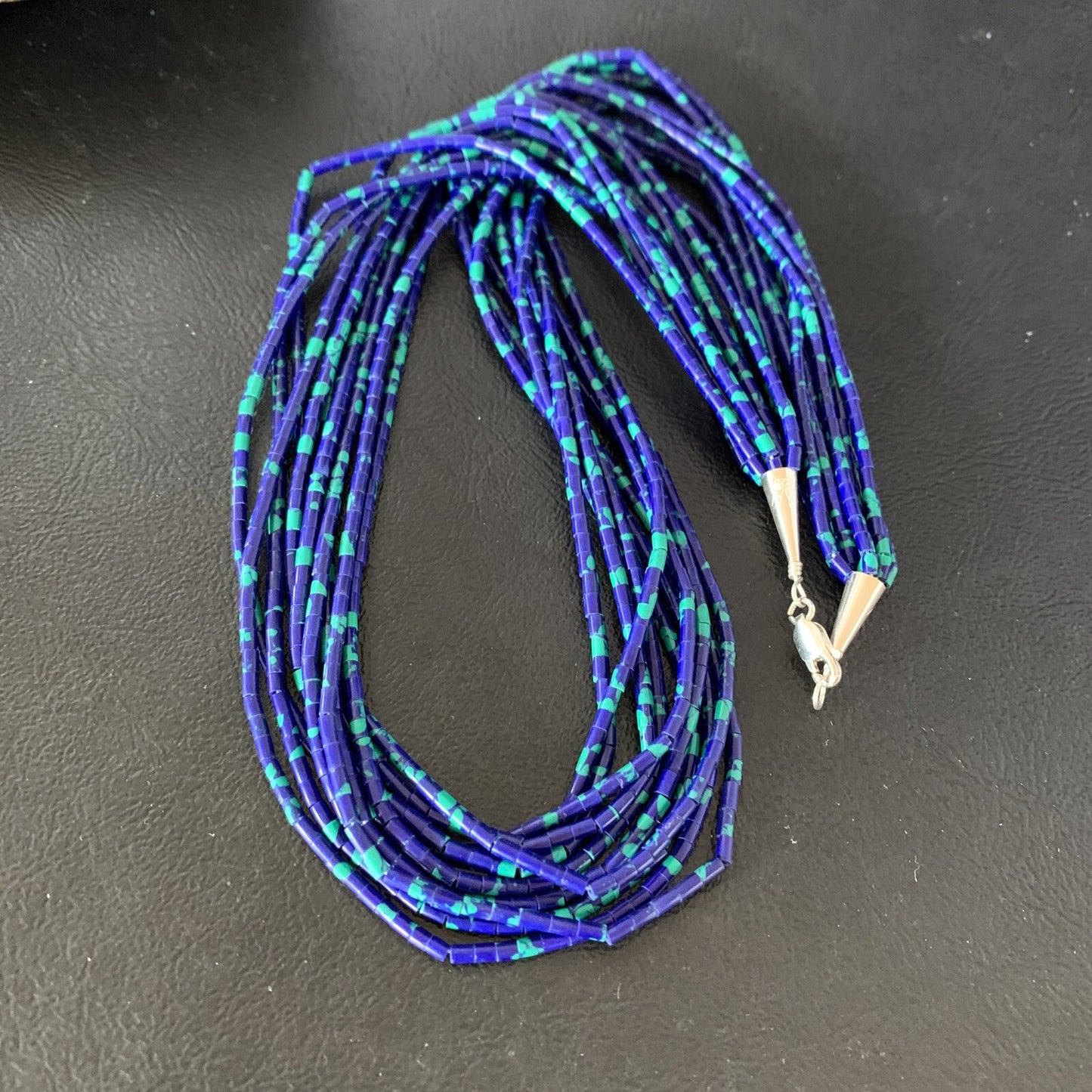 Blue Green Azurite Heishi 10Strand Stabilized Sterling Silver Necklace 20” 10349