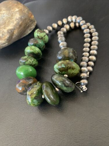 Navajo Chunky Graduated Green Turquoise Necklace Sterling Silver 18" 11768