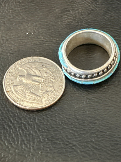 Blue Opal Navajo Sterling Silver Band Inlay Ring Size 7 18807