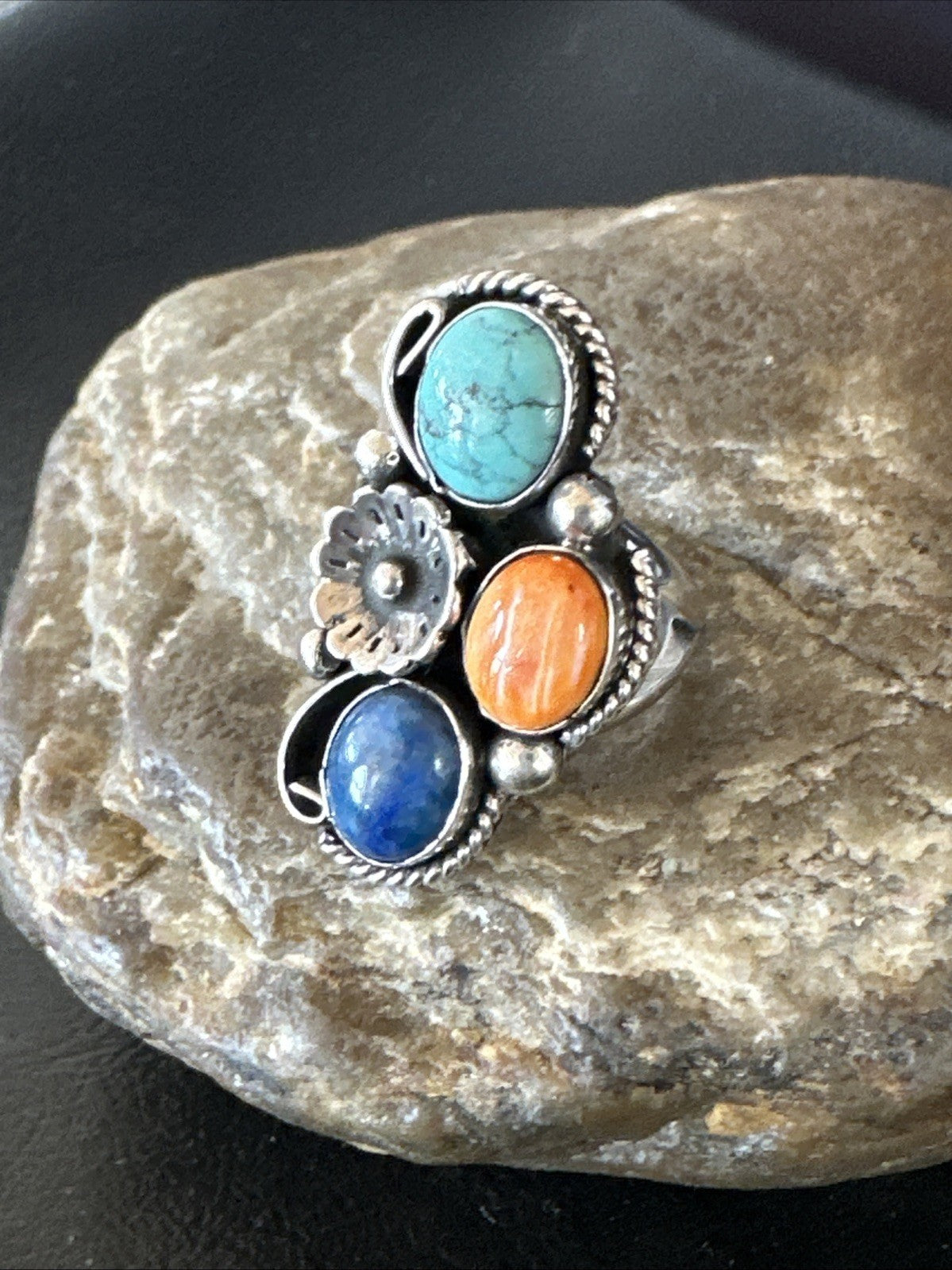 Multicolor Ring Turquoise Spiny Navajo Sterling Silver Cluster Size 8 19186