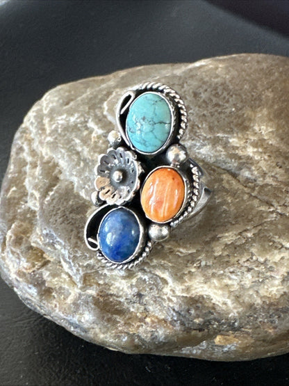 Multicolor Ring Turquoise Spiny Navajo Sterling Silver Cluster Size 8 19186