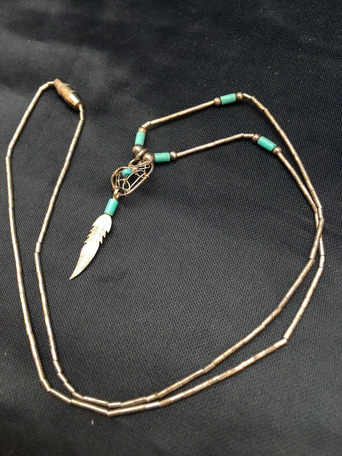 Native Turquoise Feather Pendant Navajo Sterling Silver Necklace 18059