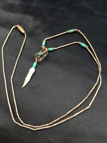Native Turquoise Feather Pendant Navajo Sterling Silver Necklace 18059