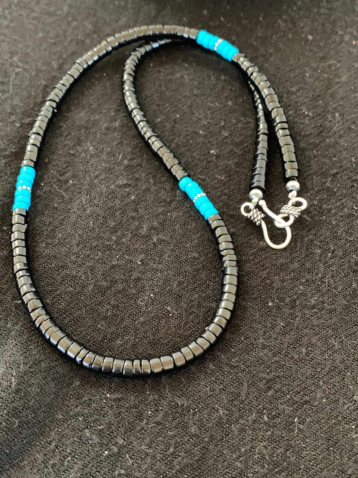 Native Mens Blue Turquoise Heishi Onyx Necklace Navajo Sterling Silver 8823