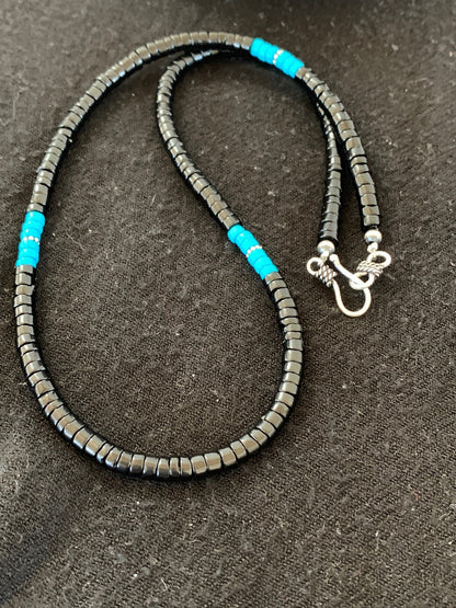 Native Mens Blue Turquoise Heishi Onyx Necklace Navajo Sterling Silver 8823