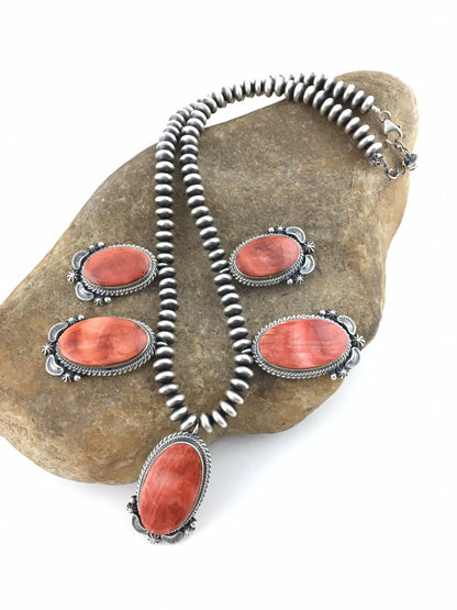 Red Spiny Oyster Pendant Navajo Sterling Silver Squash Necklace 16" 04536