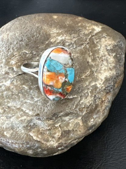 Blue Turquoise Orange Spiny Oyster Navajo Sterling Silver Ring Size 10 18207