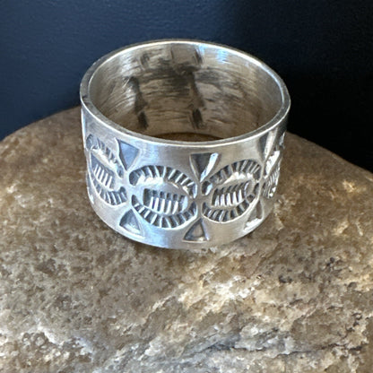 Mens Women Wedding Wide Band Navajo Stamped Sterling Silver Ring Size 10.5 17996