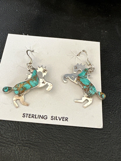 Turquoise Horse Inlay Navajo Sterling Silver Earrings 19826