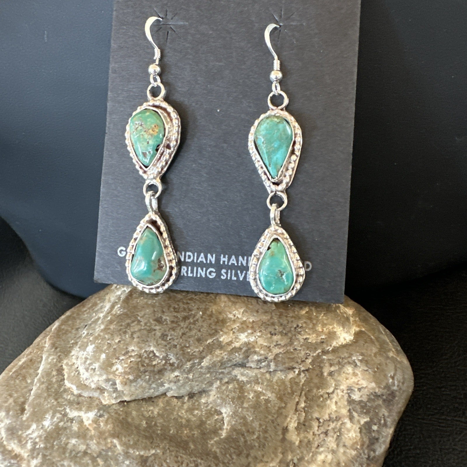 Green Royston Turquoise Navajo Sterling Silver Dangle Earrings 19404