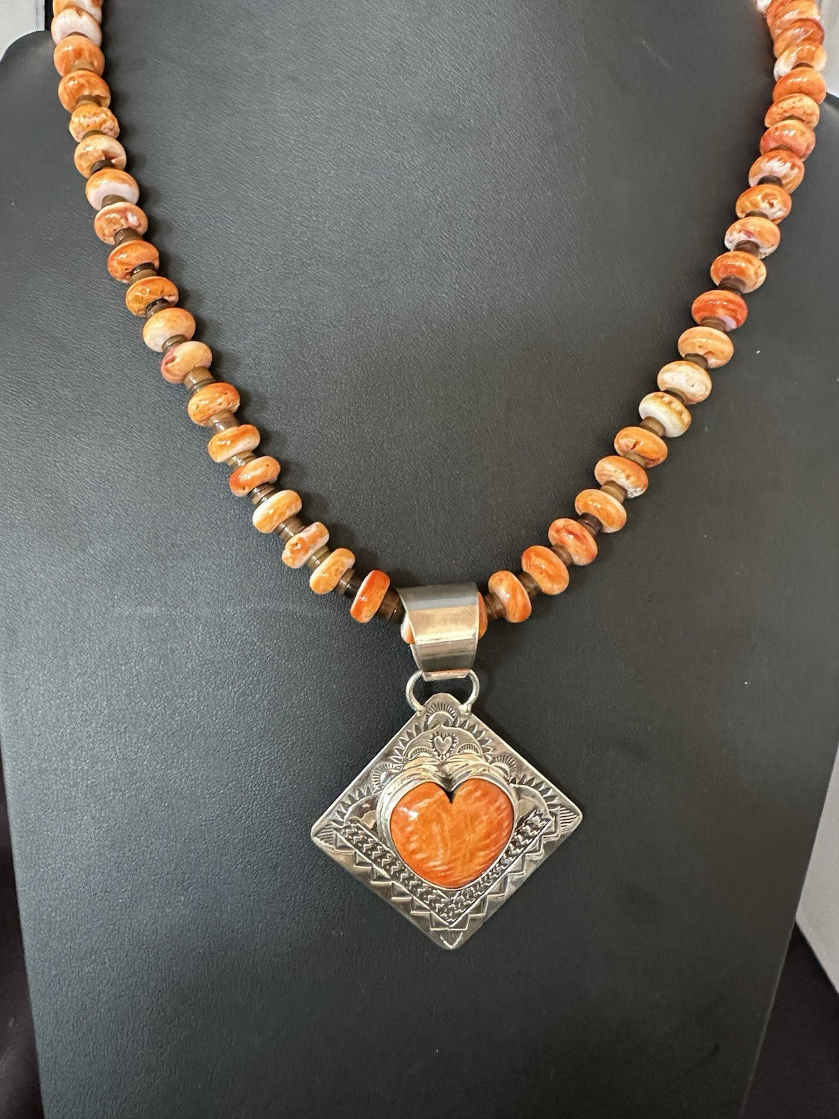 H Joe Orange Spiny Oyster Heart Pendant Navajo Sterling Silver Necklace 19480