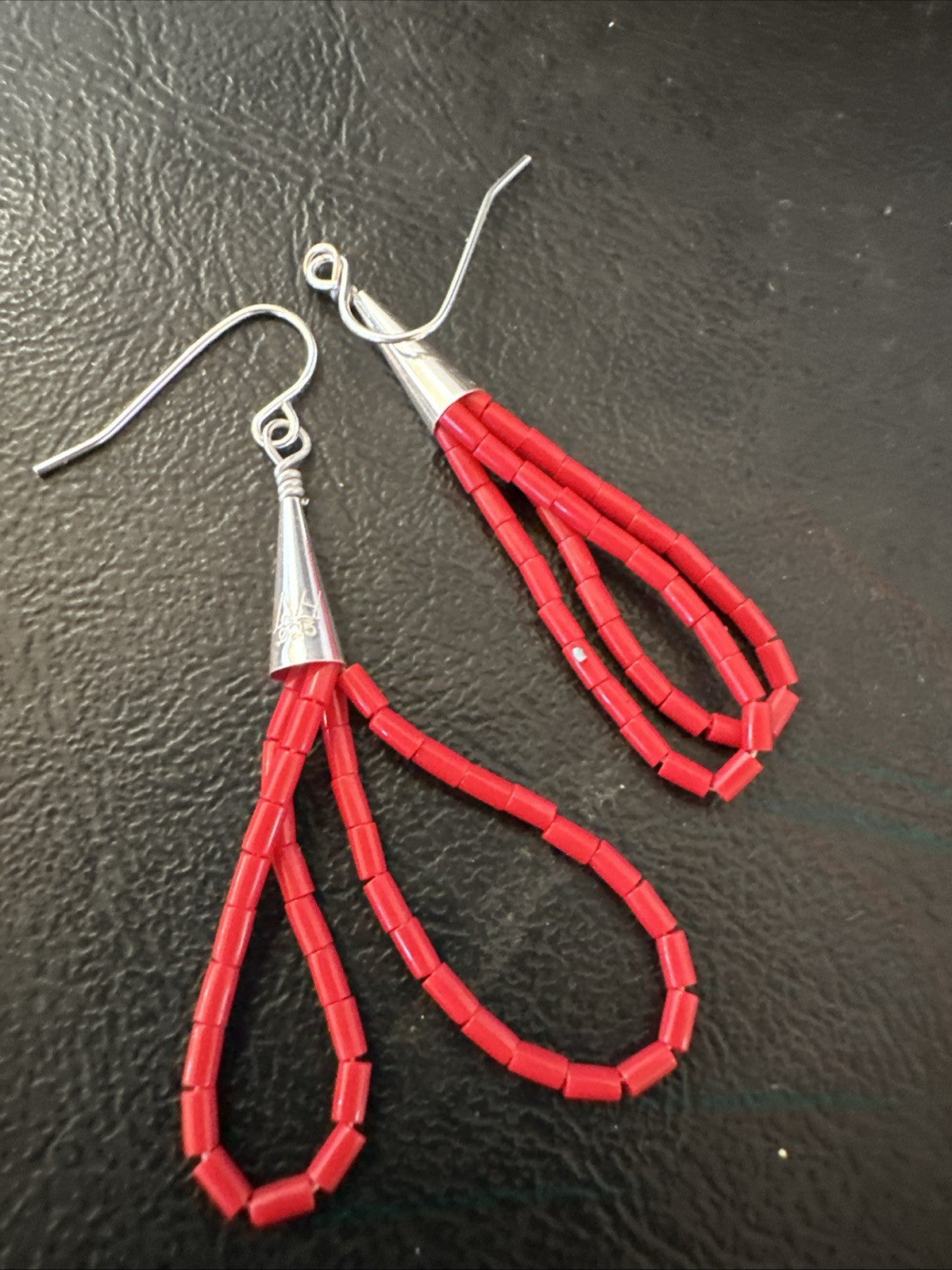 Native Red Coral Heishi Tube Liquid Sterling Silver Dangle Earrings 2" 4399
