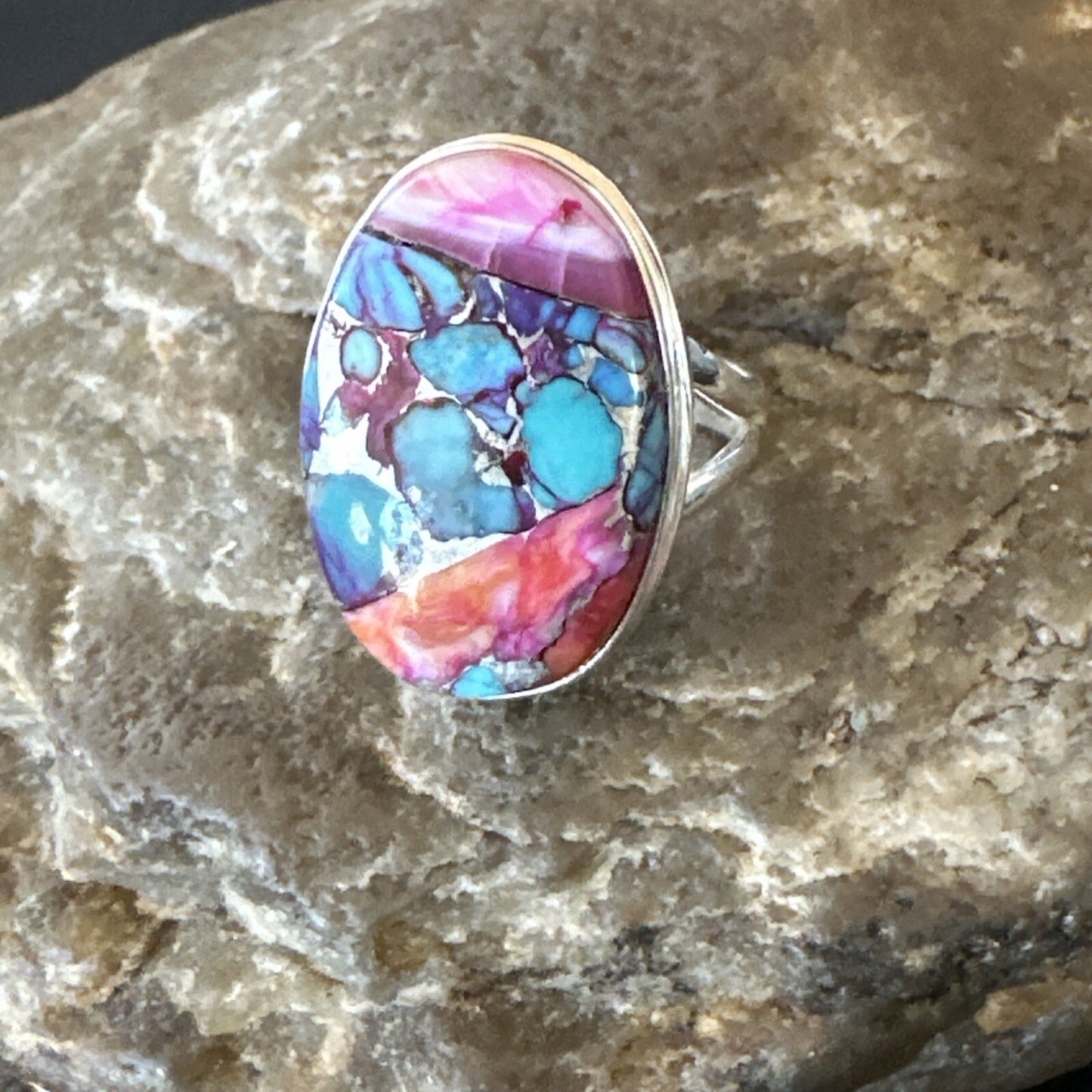 Blue Turquoise Spiny Oyster Southwestern Sterling Silver Ring Size 8 18484