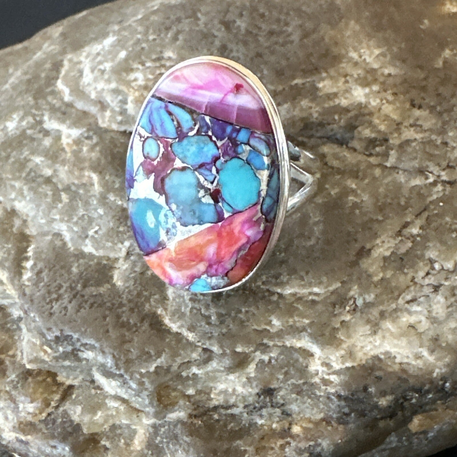 Blue Turquoise Spiny Oyster Southwestern Sterling Silver Ring Size 8 18484