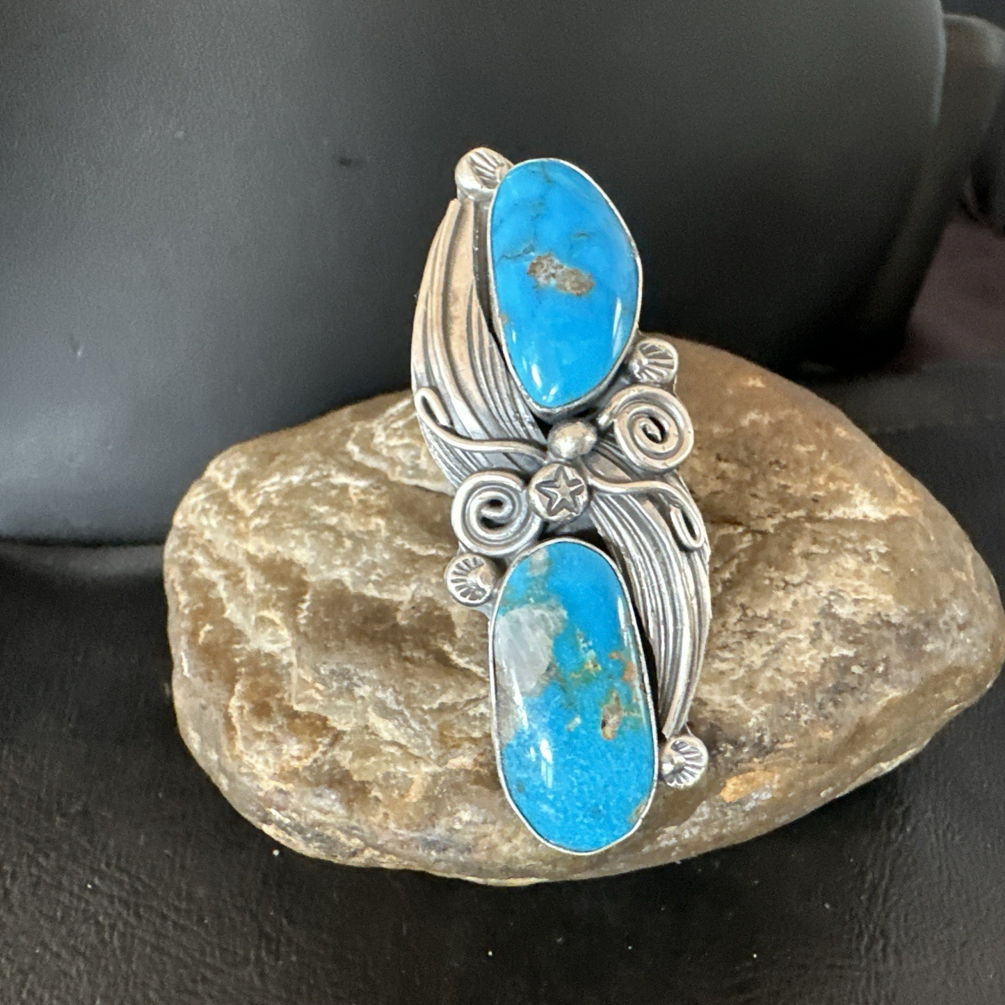 XL Navajo Cluster Blue Kingman Turquoise Sterling Silver Ring Sz 7 18990