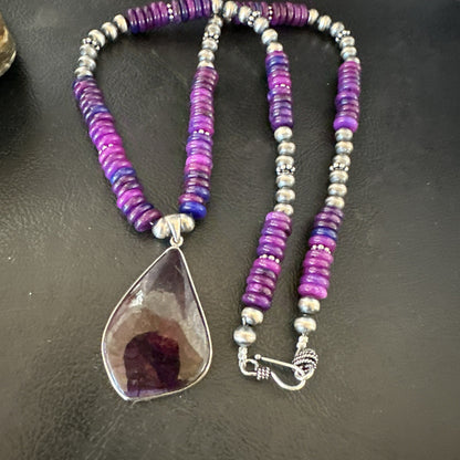 Purple Stone Pendant Navajo Pearls Sterling Silver Necklace 23" 17936