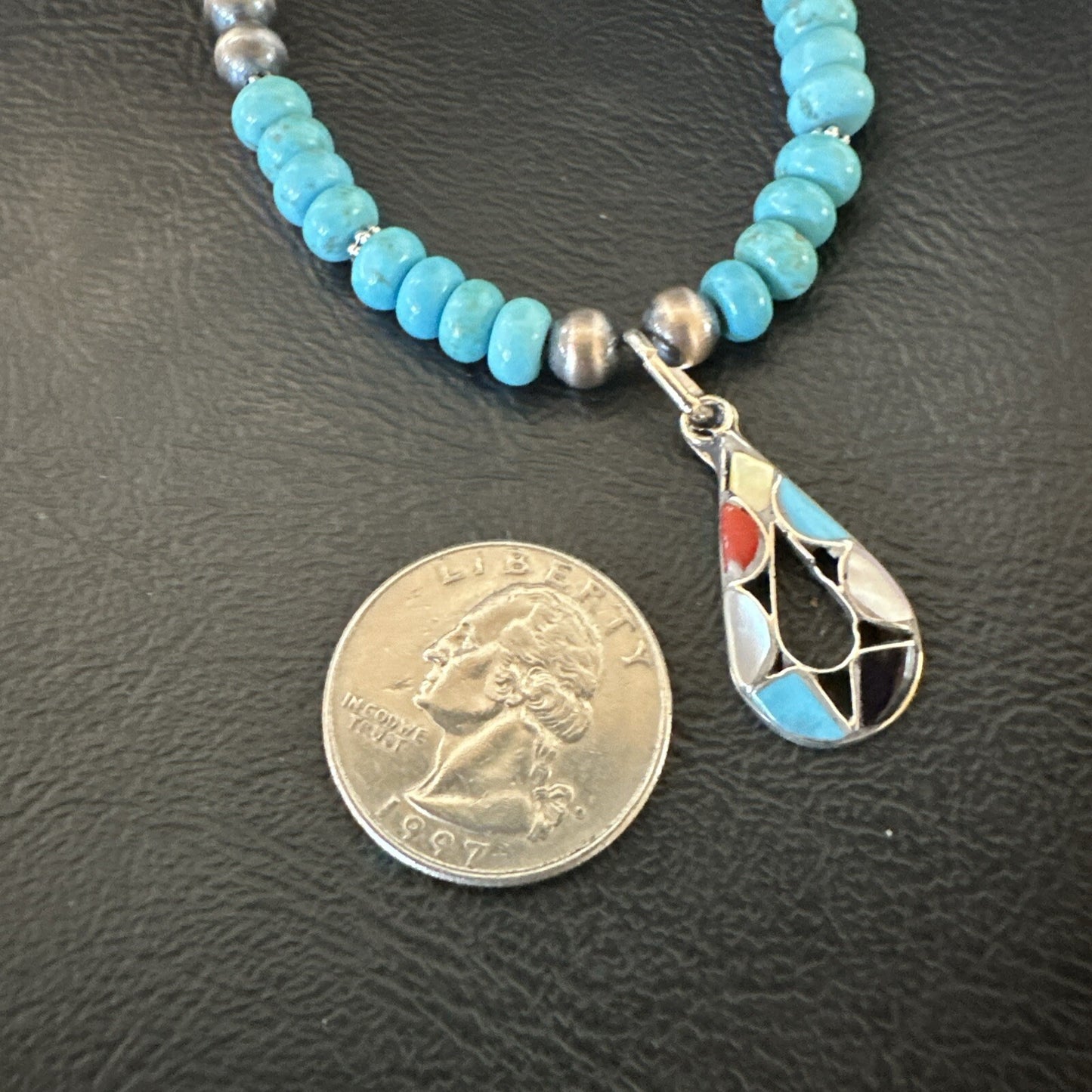 Zuni Turquoise Pink MOP Inlay Pendant 2Sided Necklace Sterling Silver 18064