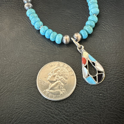 Zuni Turquoise Pink MOP Inlay Pendant 2Sided Necklace Sterling Silver 18064