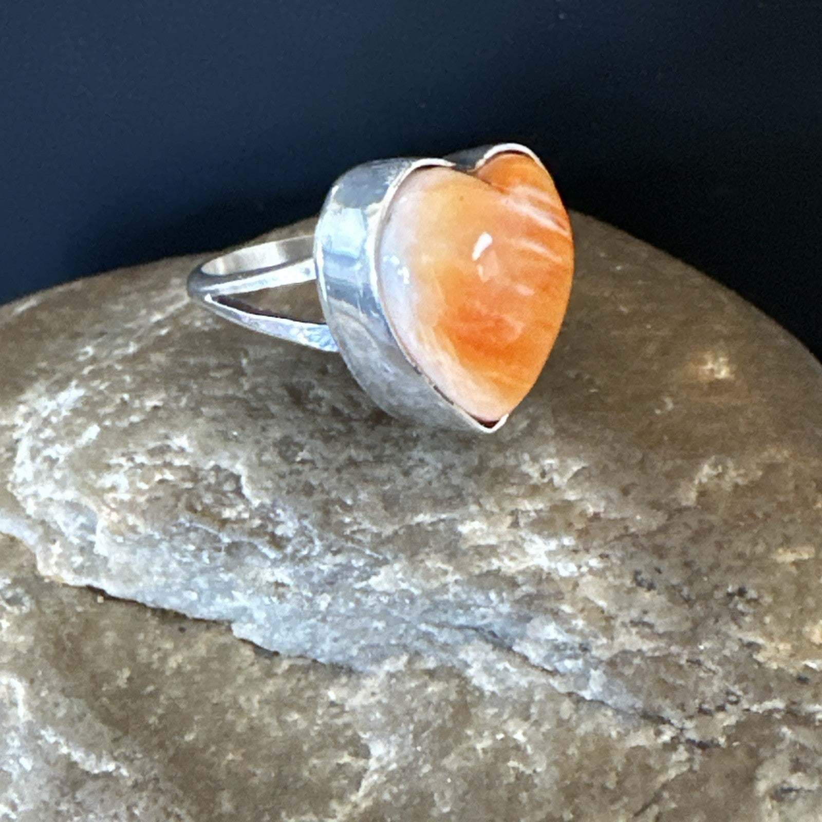 Orange Heart Ring Handmade Navajo Spiny Oyster Sterling Silver Sz 9 19329