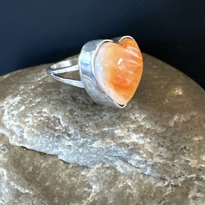 Orange Heart Ring Handmade Navajo Spiny Oyster Sterling Silver Sz 9 19329
