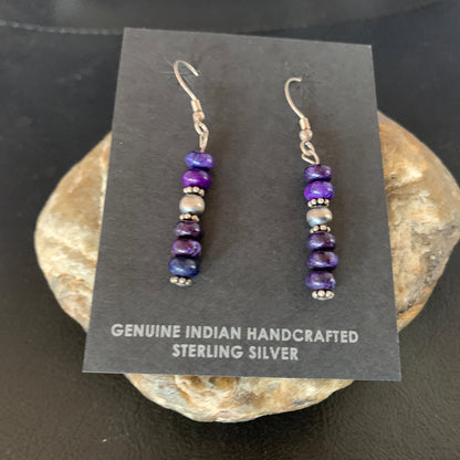 Purple Stone Navajo Sterling Silver Dangle Bead Earrings 1" 15353