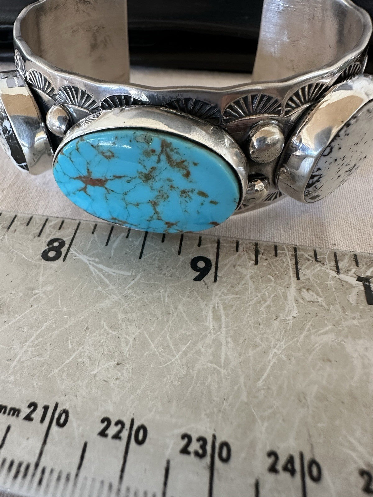 Men White Buffalo Blue Turquoise Navajo Sterling Silver Cuff Bracelet 7.3" 19429