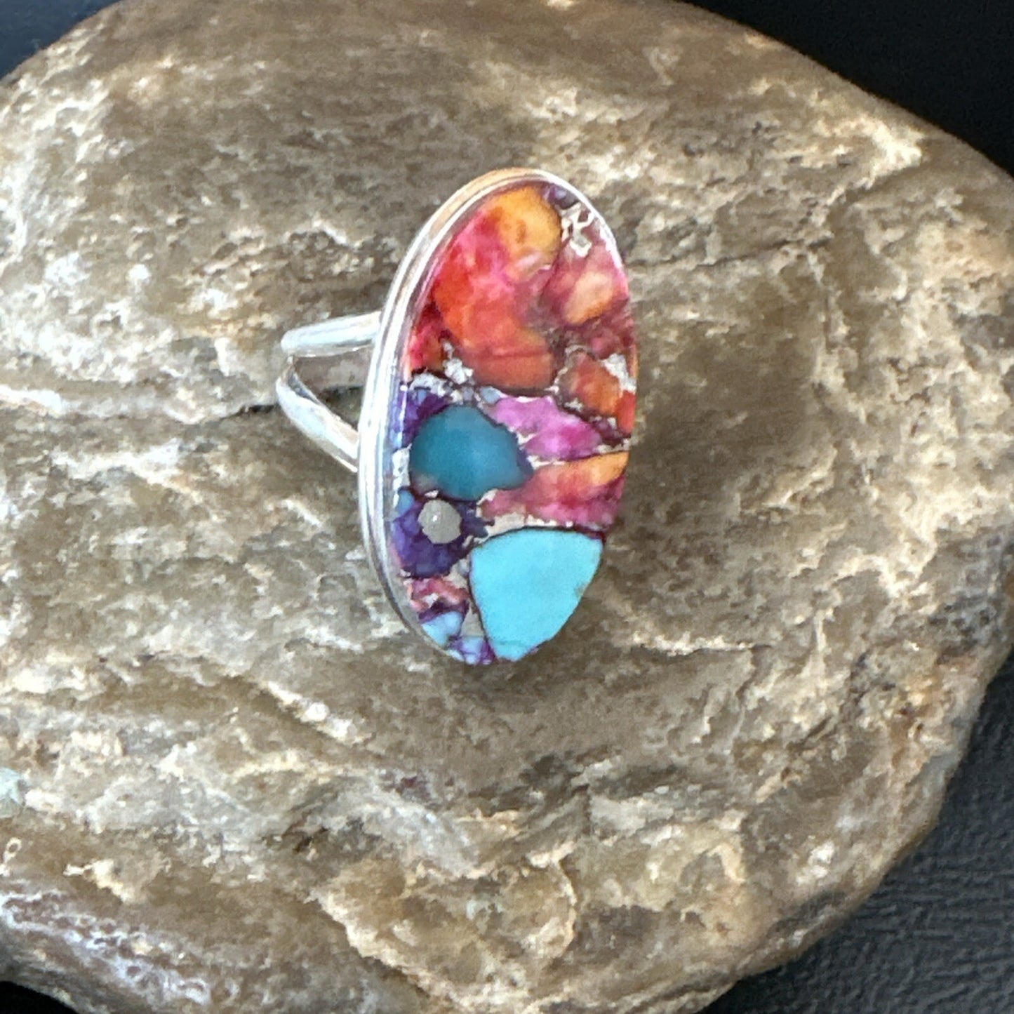 Blue Turquoise Spiny Oyster Navajo Sterling Silver Ring Size 7 18215