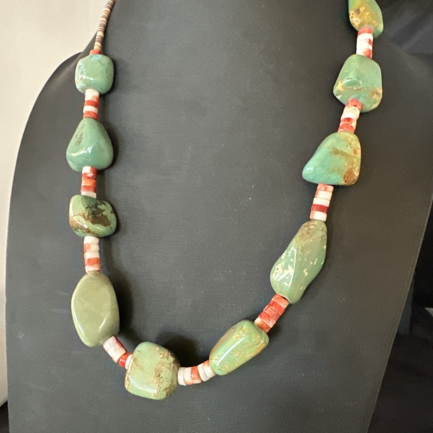 Navajo Green Turquoise Red Spiny Oyster Necklace Sterling 23" 19717