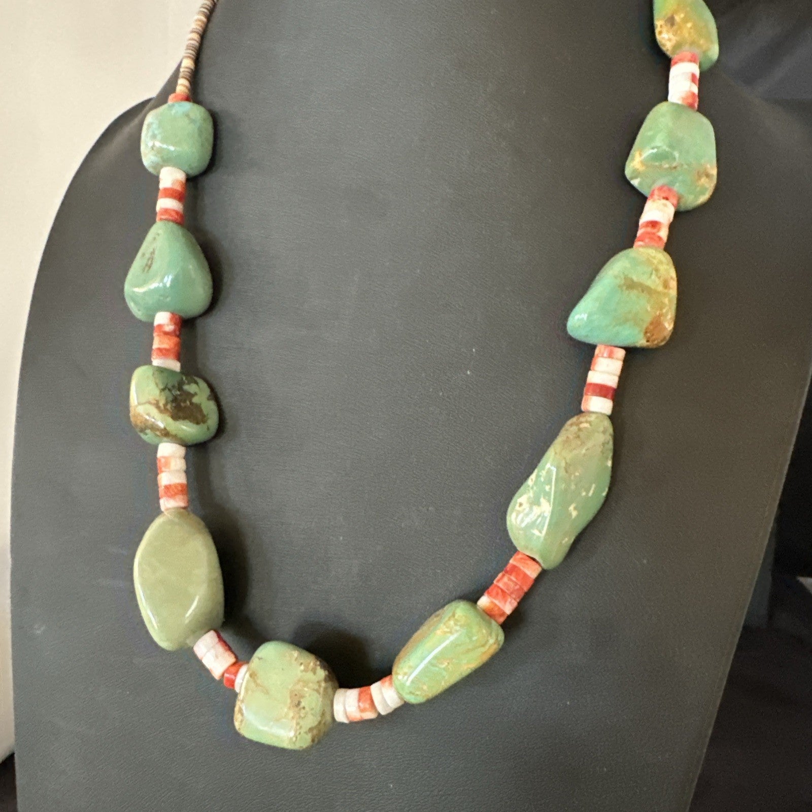 Navajo Green Turquoise Red Spiny Oyster Necklace Sterling 23" 19717