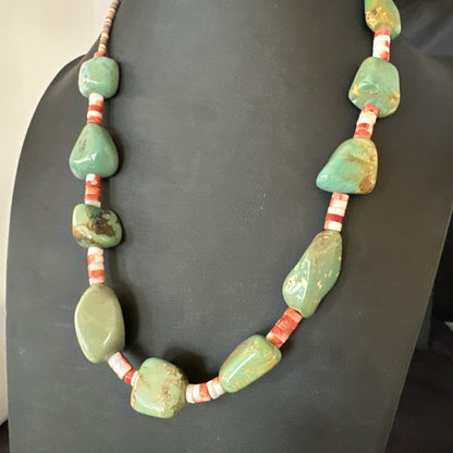 Navajo Green Turquoise Red Spiny Oyster Necklace Sterling 23" 19717