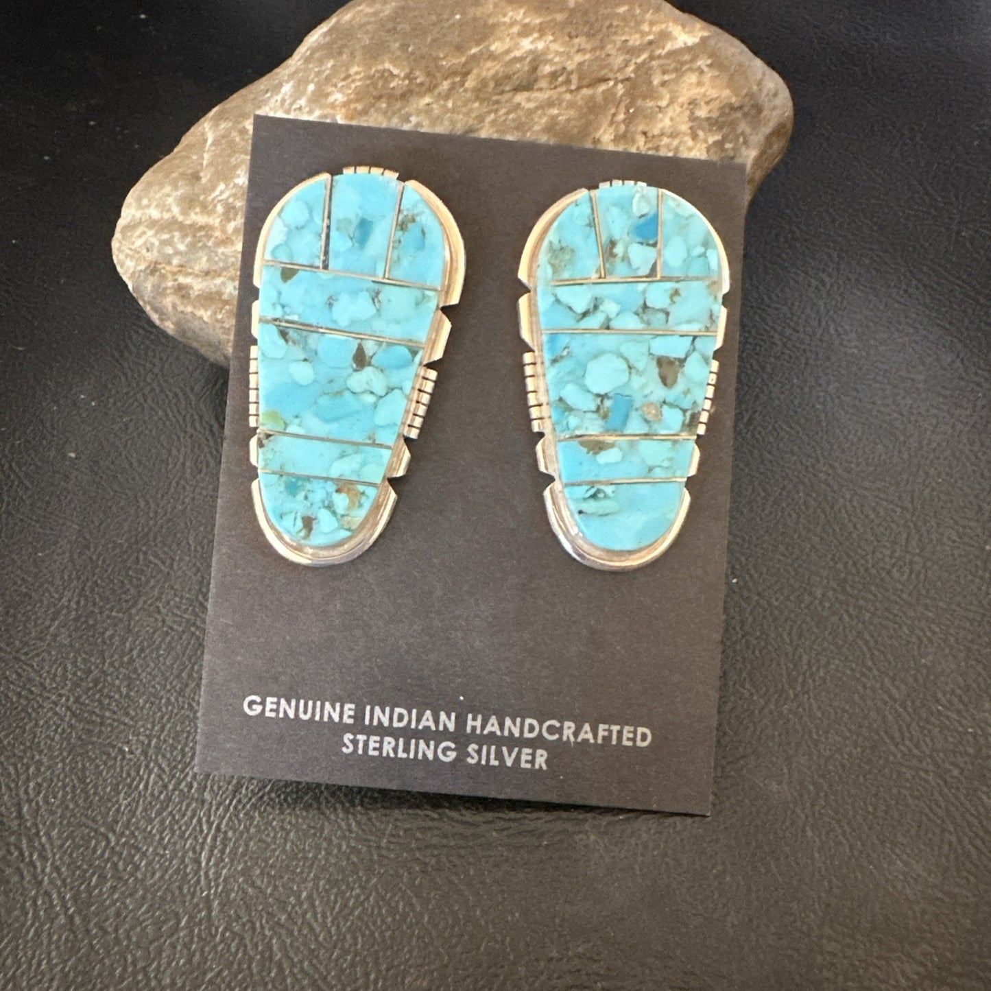 New Inlay Blue Kingman Turquoise Sterling Silver Earrings 1.5” 19097
