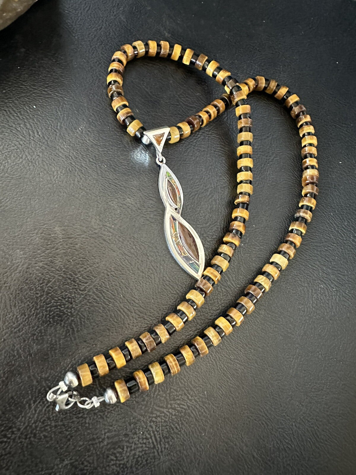 Coffee Tigers Eye Amber Opal Onyx Heishi Sterling Silver Pendant Necklace 18343