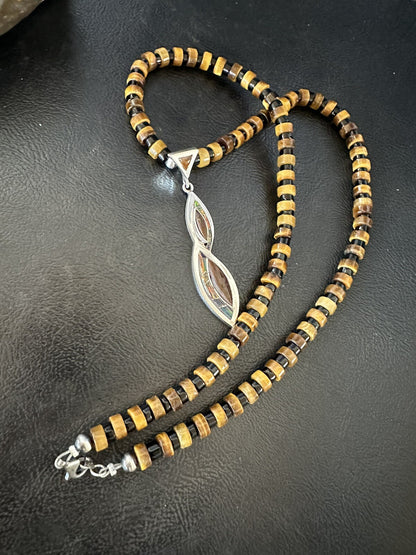 Coffee Tigers Eye Amber Opal Onyx Heishi Sterling Silver Pendant Necklace 18343