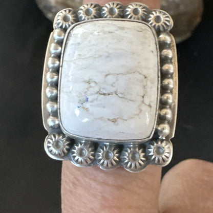 White Buffalo Turquoise Navajo Sterling Silver Ring Size 8 18776