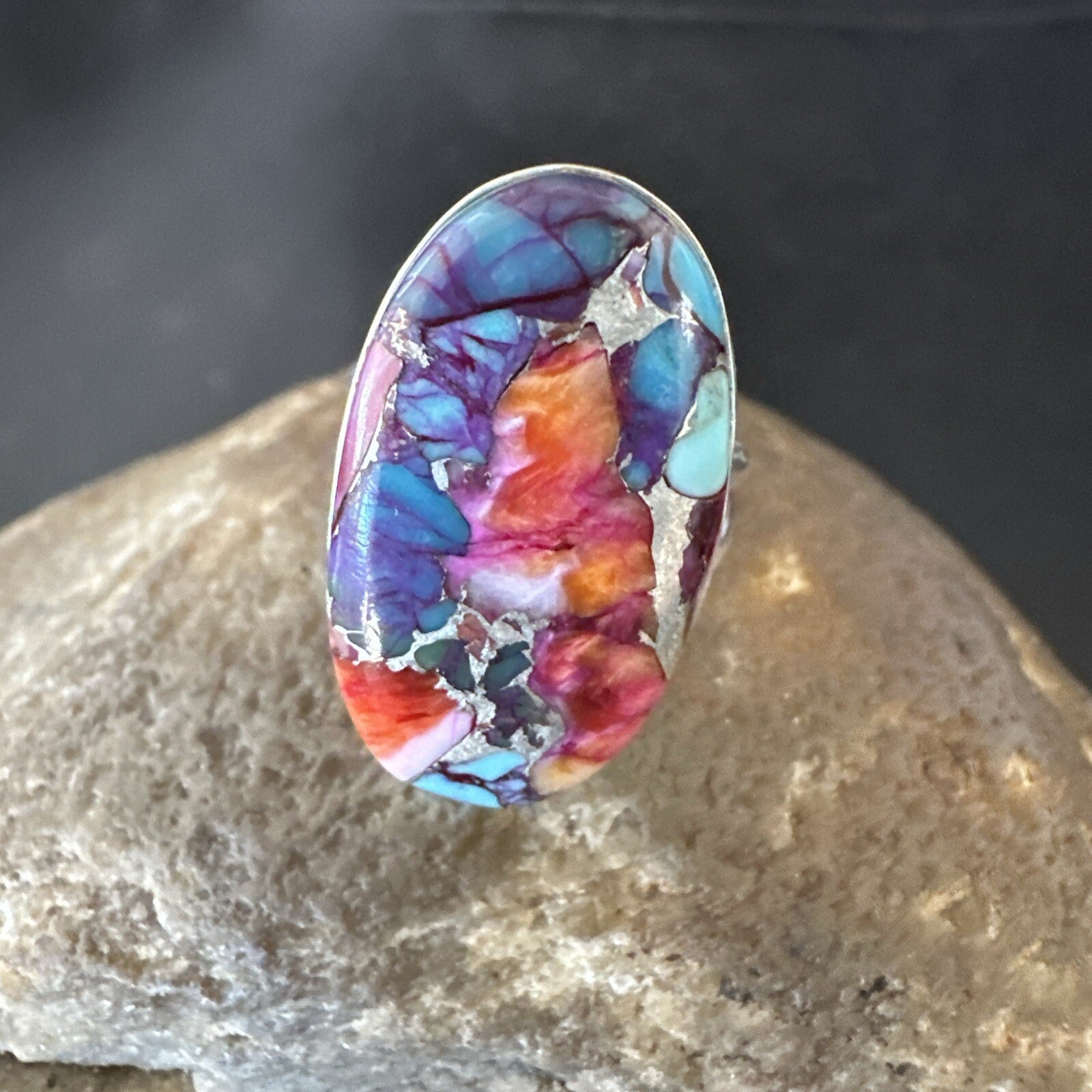 Blue Turquoise Spiny Oyster Southwestern Sterling Silver Ring Size 8 18482