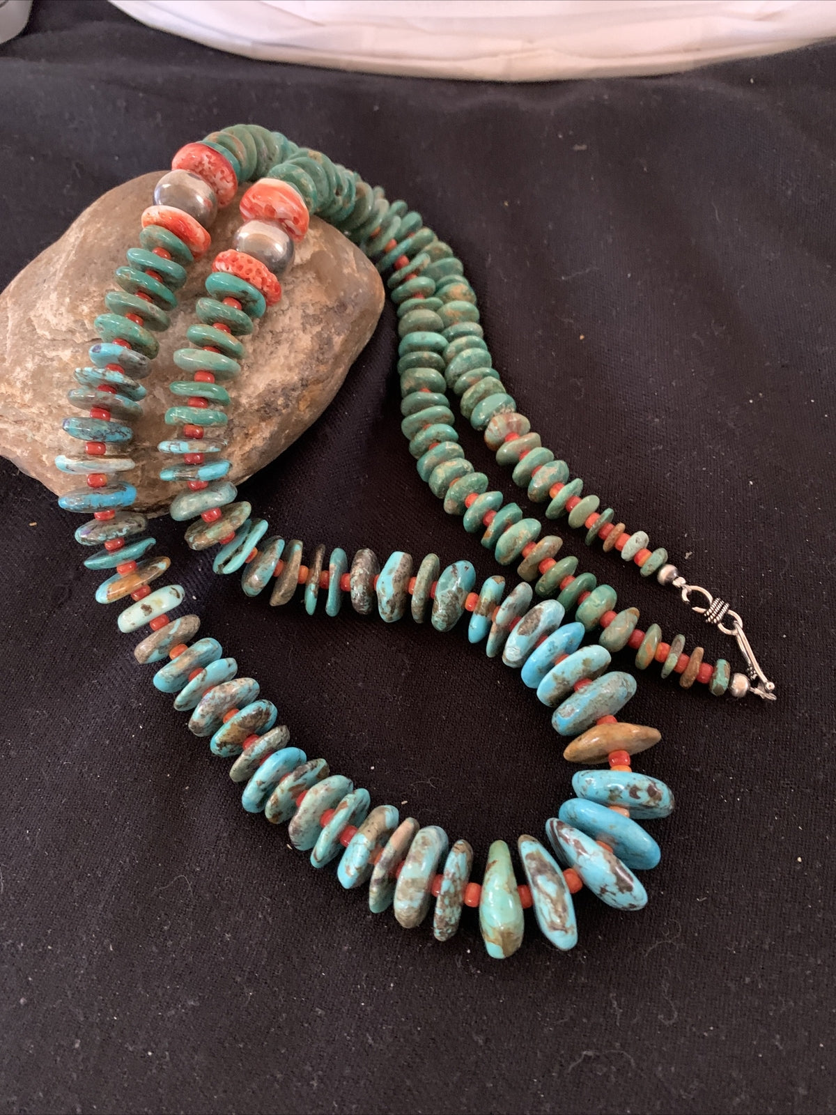 Blue Green Turquoise & Spiny Oyster Navajo Sterling Silver Necklace 28" 01671