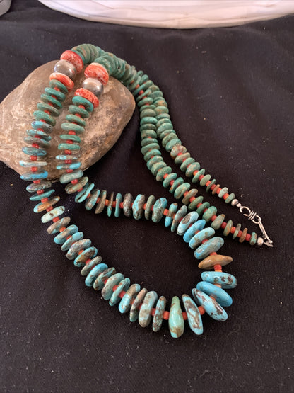 Blue Green Turquoise & Spiny Oyster Navajo Sterling Silver Necklace 28" 01671