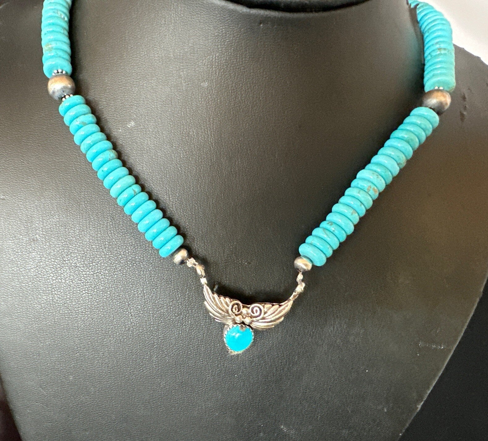 WoMens Blue Kingman Turquoise Pendant Navajo Sterling Silver Necklace 20” 18167