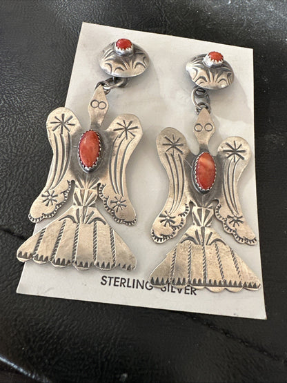 Thunderbird Navajo Womens Stamped Spiny Dangle Earrings Sterling Silver 19787