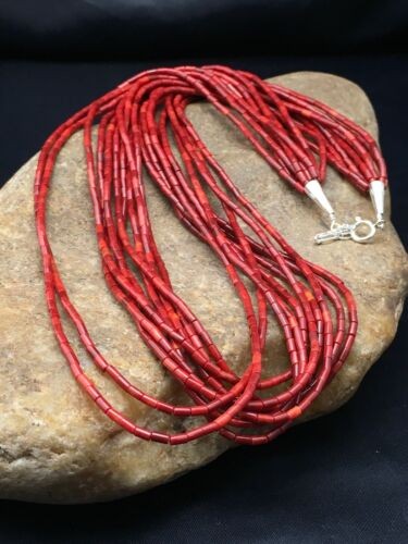 Native American Red Coral Navajo Necklace Sterling Silver 10 Strand 4387