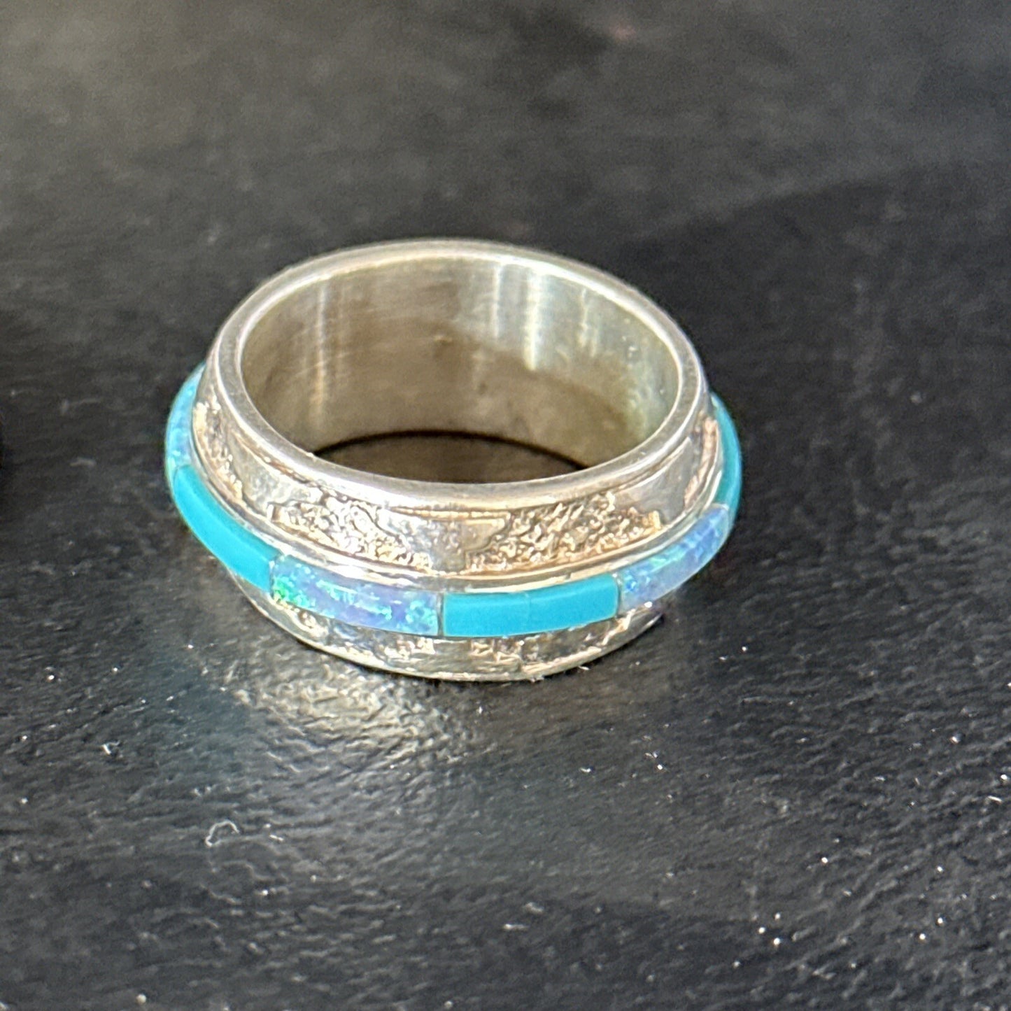 Turquoise & Opal Inlay Navajo Sterling Silver Eternity Band Ring Size 8 14542