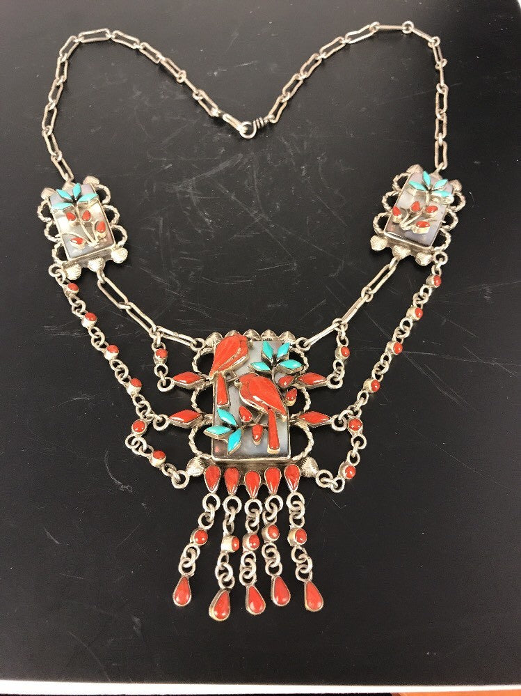 Turquoise & Coral Pendant Zuni Sterling Silver Museum Collectible Necklace 03029